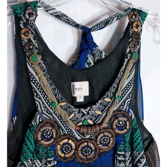 ECI Beaded Tank Top Sz 10 Sheer Lined Flowy Boho Chic Tribal Geometric Aztec - Picture 2 of 9